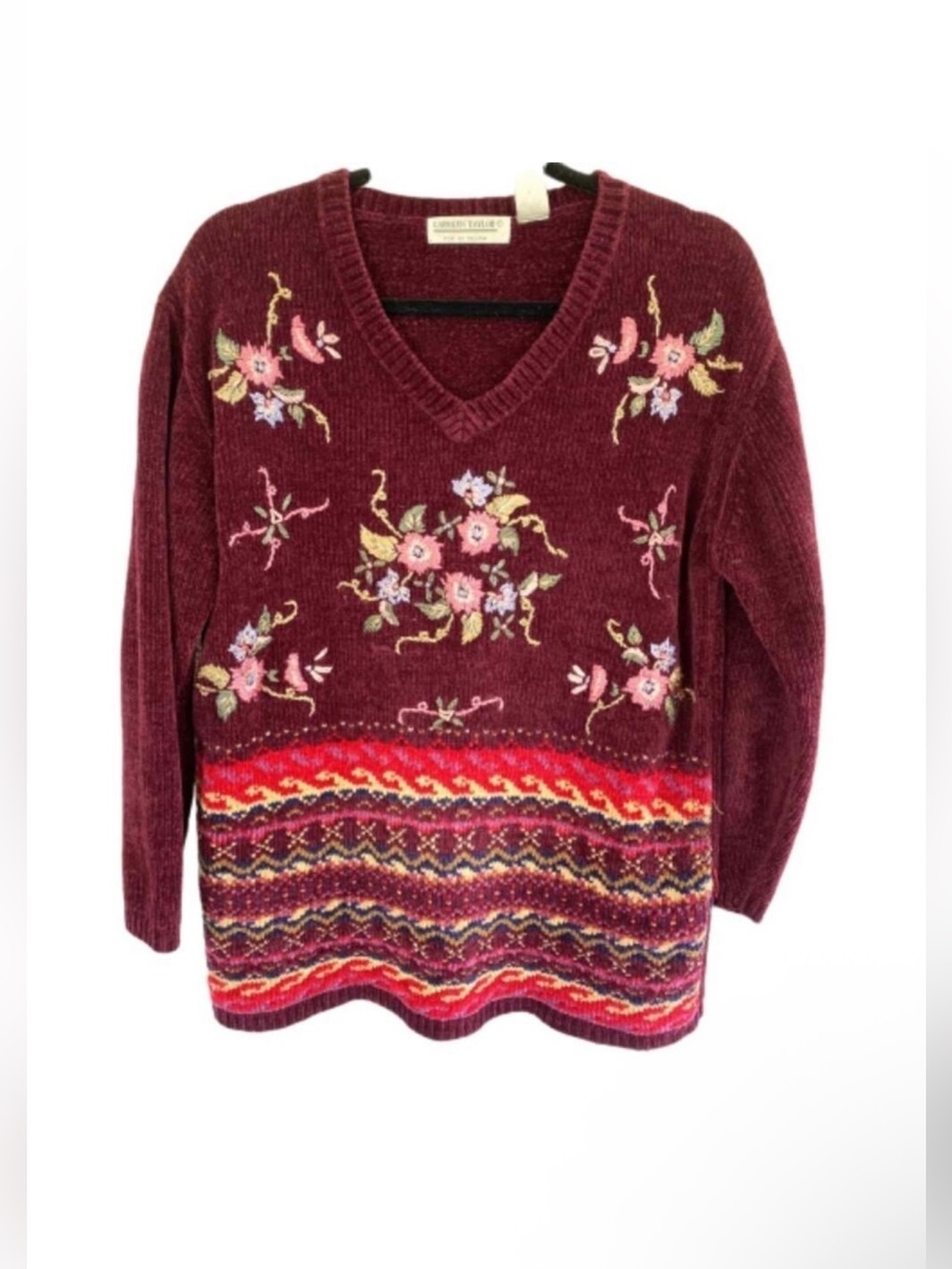 Vintage Chenille Floral Embroidered Coastal Grandmother Garden Tapestry Sweater